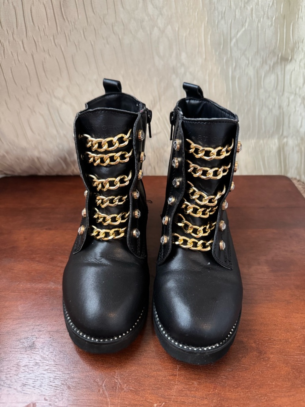 Kurt Geiger Black Lace-Up Boots with Gold Chain Detail